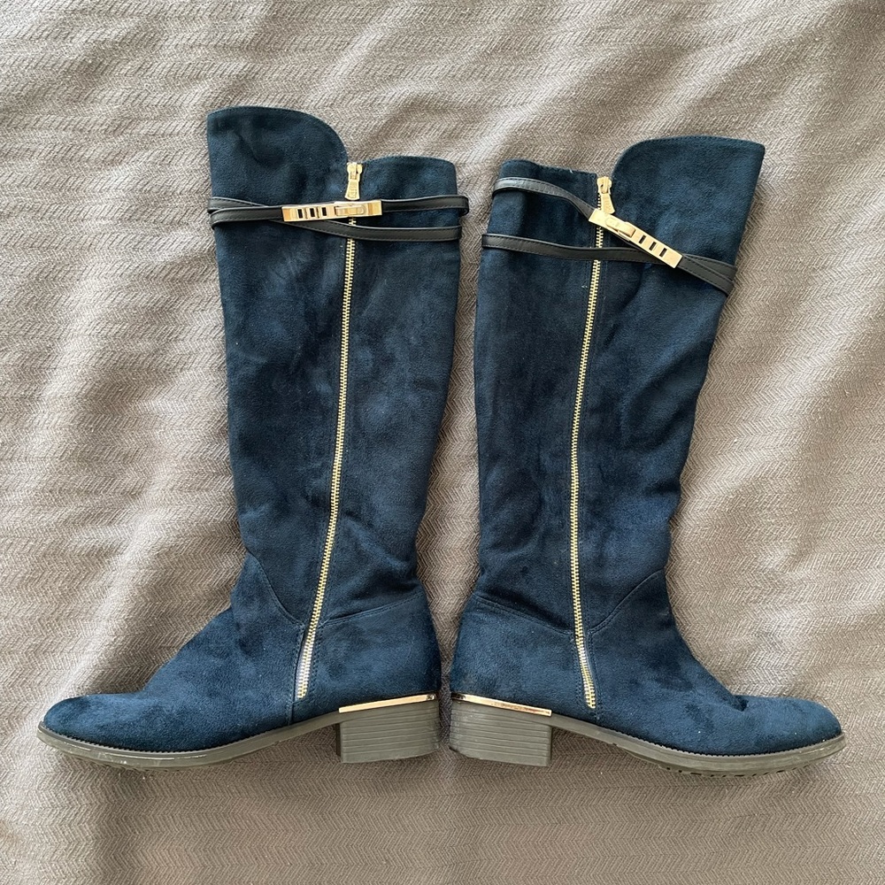 Navy Blue Felt Knee-length Boots